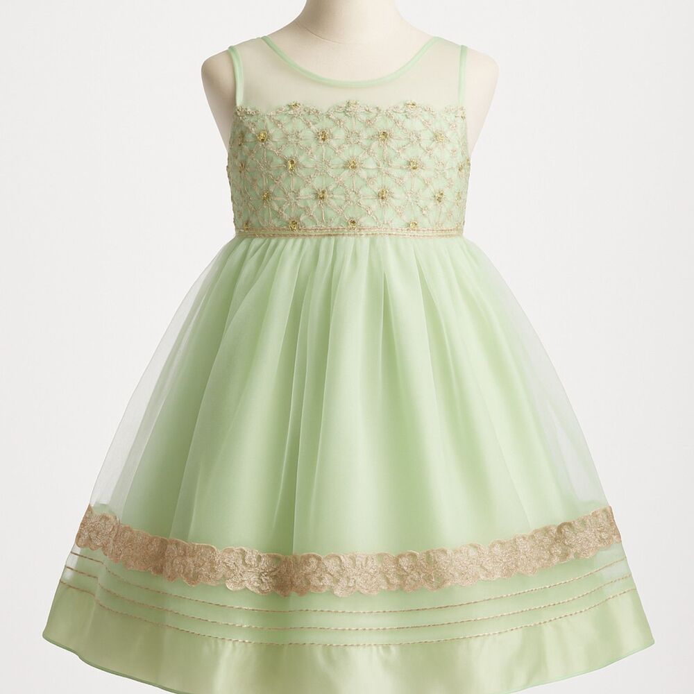 Mint Green Girls Embroidered Tulle Party Dress — Gold Beaded Bodice